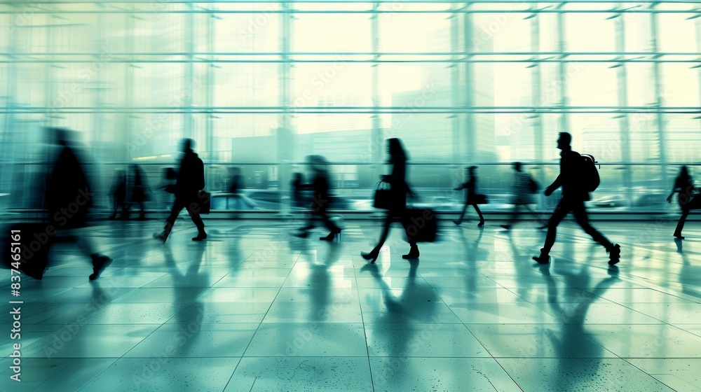 People walking with luggage in a blurry airport terminal showing modern architecture, natural light, and bustling travel atmosphere People walking with luggage in a blurry airport terminal showing modern architecture, natural light, and bustling travel atmosphere