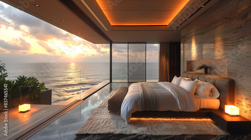 Modern style minimalist Bedroom interior design idea. Ocean view Hotel bedroom interior material brainstorming and warm comfortable place.
