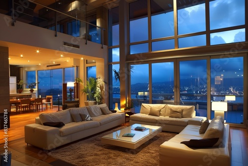 Modern living room with large windows and city view