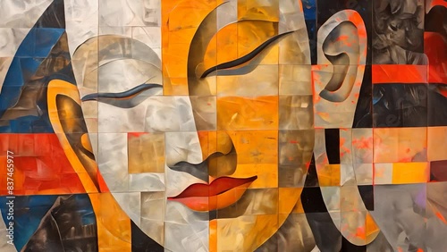 Cubist interpretation of a Buddhist monks face, fragmented and reassembled in abstract forms photo