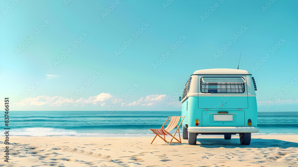 Ready for summer travel Blue van with deck chair and beach accessory at side with copy space for text Ready for summer travel Blue van with deck chair and beach accessory at side with copy space for text