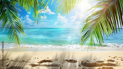 Sunny Tropical Beach With Palm Leaves And Paradise Island with copy sapce for text photo