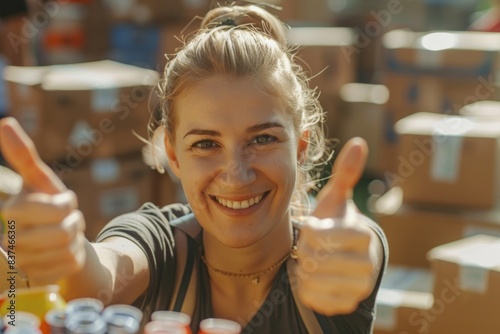 A Caucasian woman smiling broadly, giving two thumbs-up in front of a table with food jars at a sunny outdoor market.