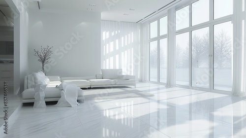 Sleek Minimalism  Stylish White Living Room  Explore minimalist design in this stylish white living room with large windows and subtle light play  reflecting a serene modern aesthetic.