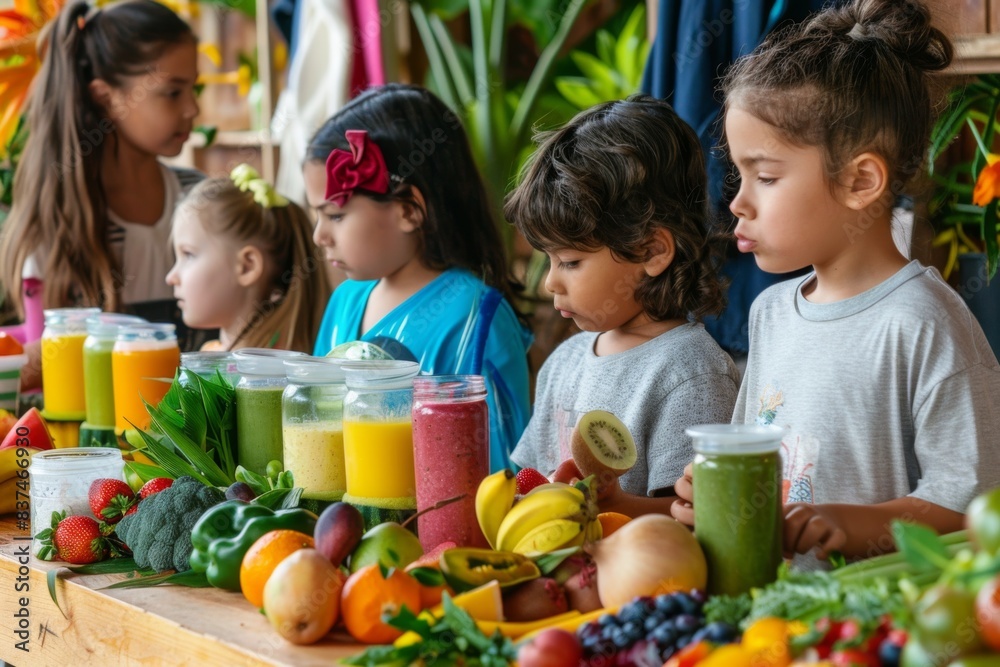 Little children stand at a small bar, decorated with bright fruits and vegetables, making smoothies under the supervision of an adult. Little children stand at a small bar, decorated with bright fruits and vegetables, making smoothies under the supervision of an adult.