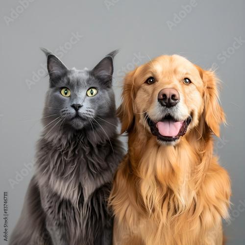 Fluffy gray cat and a smiling golden retriever posing together