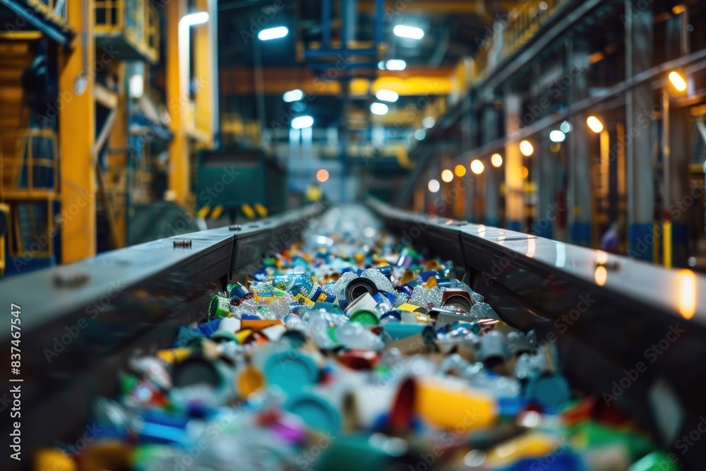 Obraz premium Perspective view of a recycling conveyor belt filled with mixed recyclables, emphasizing the continuous flow of materials in waste management.
