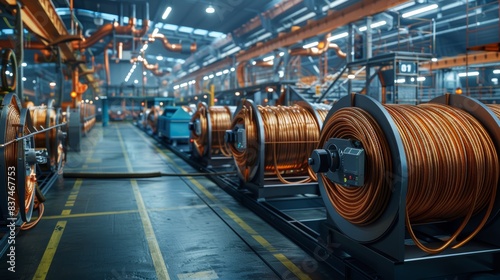 Industrial Wire Spools in Factory. Spools of copper wire stored in an industrial factory, highlighting the manufacturing process of electrical components.