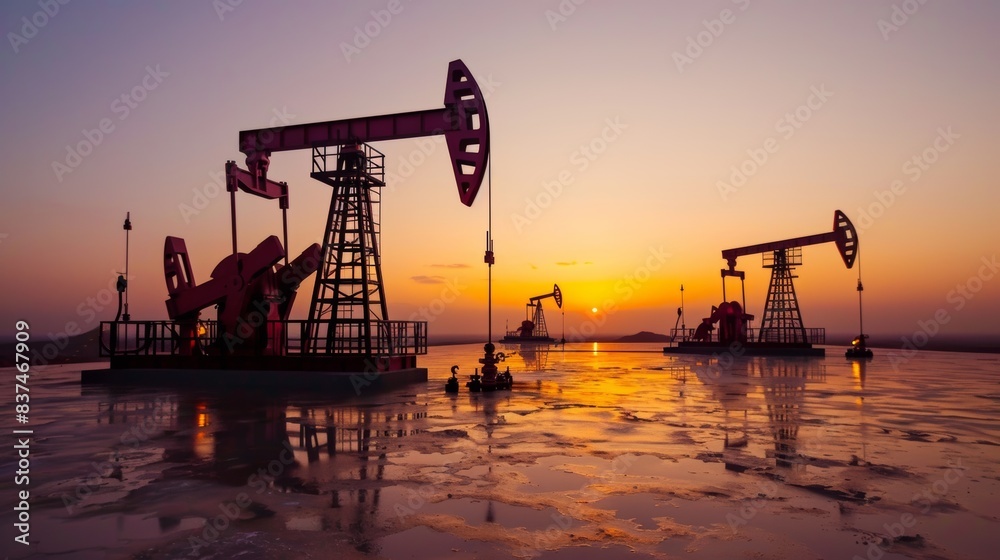 Sunset Over Oil Rigs in Ocean. A breathtaking scene of multiple oil rigs operating against the backdrop of a vivid sunset over the ocean. Sunset Over Oil Rigs in Ocean. A breathtaking scene of multiple oil rigs operating against the backdrop of a vivid sunset over the ocean.