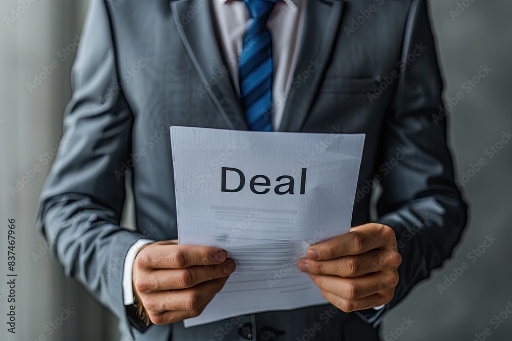 Businessman in a suit holding a paper with the word 'Deal', representing business agreement and contract completion. Businessman in a suit holding a paper with the word 'Deal', representing business agreement and contract completion.