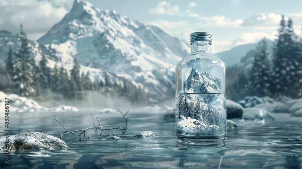 Pristine Water in Bottle Against Mountain Background. A visually stunning representation of a water bottle filled with swirling, crystal-clear water set against a dramatic mountain backdrop. Pristine Water in Bottle Against Mountain Background. A visually stunning representation of a water bottle filled with swirling, crystal-clear water set against a dramatic mountain backdrop.