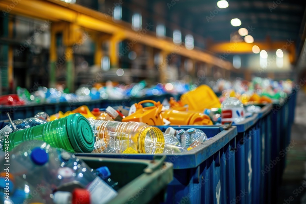 Rows of bins filled with various recycled plastics in a large recycling ...