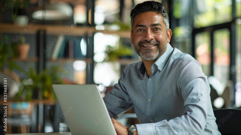 Portrait of mature Indian or Latin business man ceo trader using laptop computer, typing, working in modern office. Middle-age Hispanic smiling handsome businessman entrepreneur looking at camera. Portrait of mature Indian or Latin business man ceo trader using laptop computer, typing, working in modern office. Middle-age Hispanic smiling handsome businessman entrepreneur looking at camera.