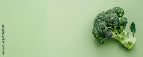 Fresh broccoli floret with stem on pastel green background, healthy vegetable, minimalistic style. Perfect for healthy eating and diet-related content. photo