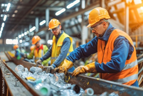 Workers in high-visibility jackets and safety helmets sort recyclables on a conveyor at a recycling plant.