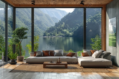 Modern living room with floor-to-ceiling windows offering a stunning view of a tranquil lake and lush green mountains. photo