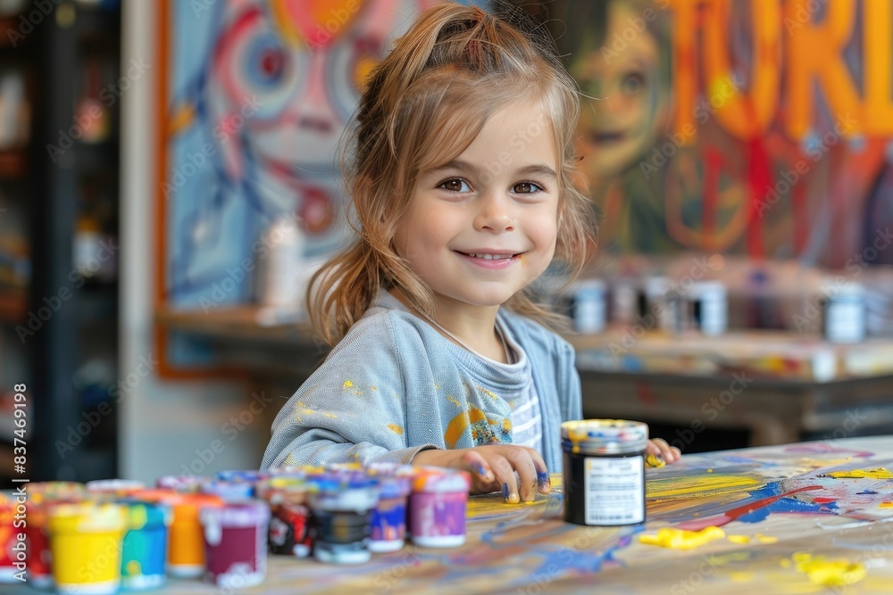 Smiling girl enjoying painting in a colorful art studio, surrounded by vibrant paints and creative artwork. Smiling girl enjoying painting in a colorful art studio, surrounded by vibrant paints and creative artwork.