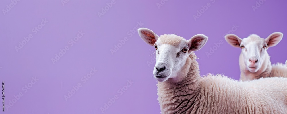 Obraz premium Two sheep with woolly coats standing in front of a purple background, looking directly at the camera. Simple and vibrant animal photography.