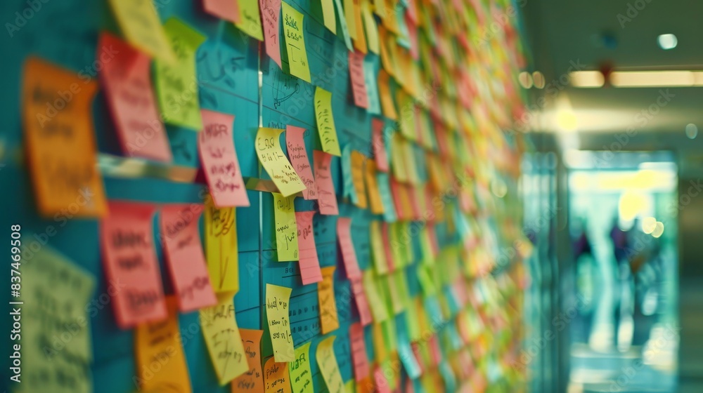 Fototapeta premium A wall filled with post-it notes each containing a different mathematical equation or concept