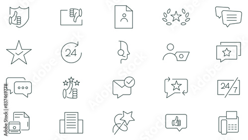 Customer service and support thin line icon set. Satisfaction, Support, Helpdesk, Response, Feedback, FAQ, assistance, experience, operator, and technical support icons pack.