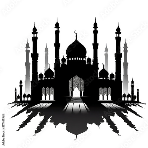 Silhouette of a majestic mosque shadow., black color, isolated, white background

