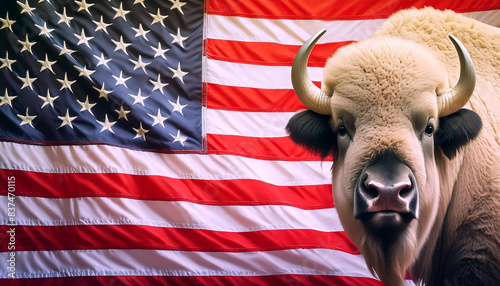 American bison head on wavy United States of America flag. Majestic white buffalo bull in front of USA country cloth fabric. 4th of July, independence day celebration and patriotism concept. 
