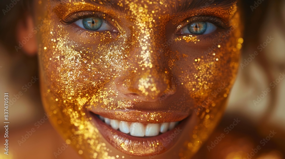 A radiant European girl smiling, her body painted with a dazzling silver gleam, and her face clean with golden accents, showcasing a blend of elegance and beauty. A radiant European girl smiling, her body painted with a dazzling silver gleam, and her face clean with golden accents, showcasing a blend of elegance and beauty.