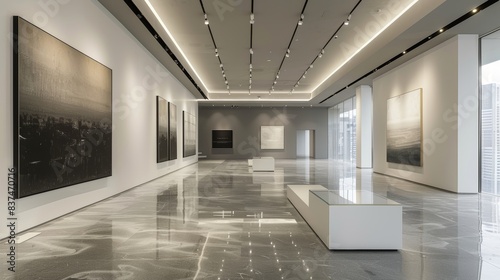 Chic art gallery exhibiting dramatic monochrome paintings  clean architectural lines  and subtle lighting accents