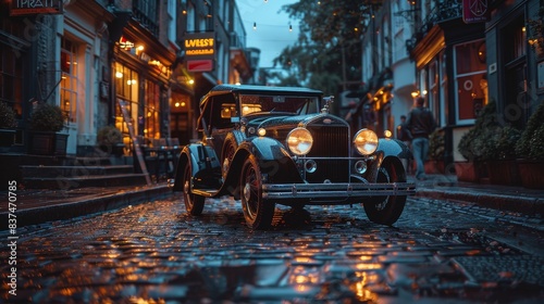Classic vehicle stationed on a cobblestone street at dusk, framed by vintage storefronts and the soft, diffused light of early night photo
