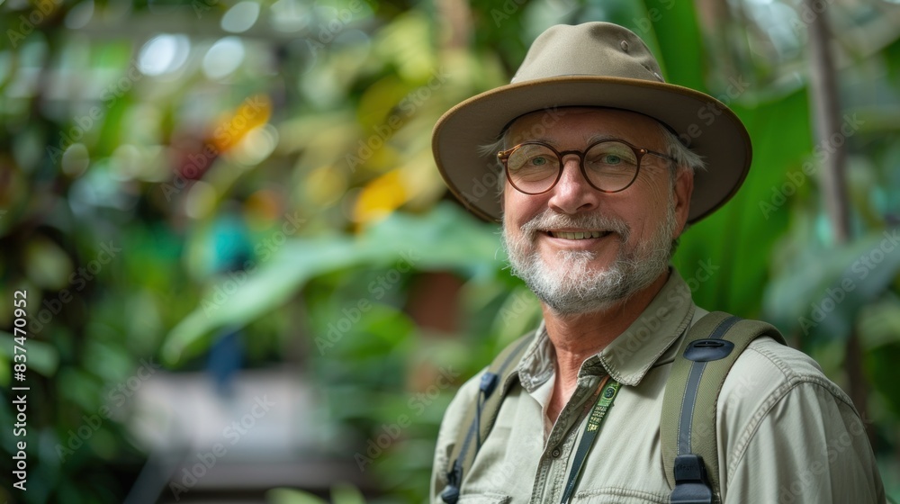 An elderly man with a beard, wearing safari attire, explores a tropical garden with joy An elderly man with a beard, wearing safari attire, explores a tropical garden with joy