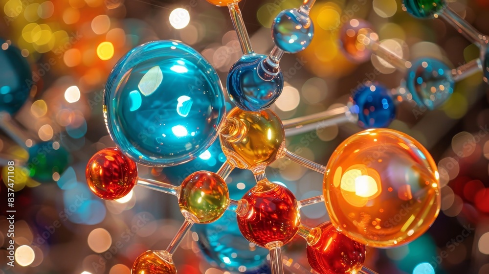 Detailed glass molecular model showcasing a vibrant and colorful array of atoms, symbolizing scientific research and discovery Detailed glass molecular model showcasing a vibrant and colorful array of atoms, symbolizing scientific research and discovery