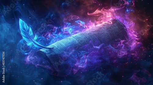 Detailed shot of a magical scroll suspended in air, ethereal blue and purple flames swirling around it, accompanied by a delicate feather photo