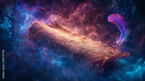 Detailed shot of a magical scroll suspended in air, ethereal blue and purple flames swirling around it, accompanied by a delicate feather