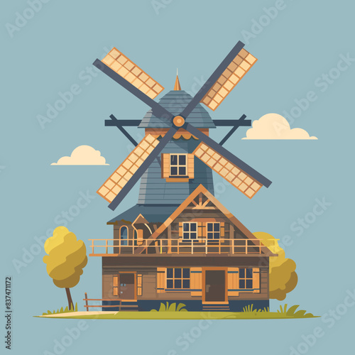 Traditional Dutch windmill house countryside rural scene. Blue windmill attached timber framing house autumn tree landscape. Cartoon flat design vector illustration pastoral mill scenic view