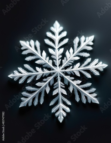 A macro shot of a single snowflake, displaying its unique, delicate structure with a backdrop of dark hues for contrast.