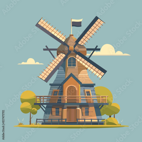 Traditional Dutch windmill surrounded nature under clear sky, iconic European structure featuring flag atop its roof. Warm tones, flat design serene landscape windmill central