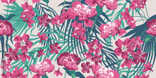 Colorful summer exotic tropical pattern. Palm branches and bright flowers background.