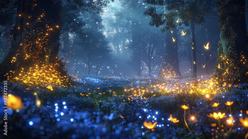 Naklejka premium Enchanted meadow with glowing flowers, a magical light source in the sky, and mythical creatures bathed in an ethereal glow