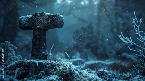 Enchanted hammer with intricate runes, resting on a frosty stump in a silent winter forest, bathed in moonlight