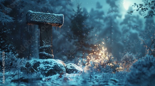 Enchanted hammer with intricate runes, resting on a frosty stump in a silent winter forest, bathed in moonlight photo