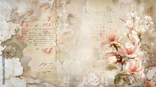 Old worn paper collage background with classic vintage rose flowers plant botanical decoration.	

