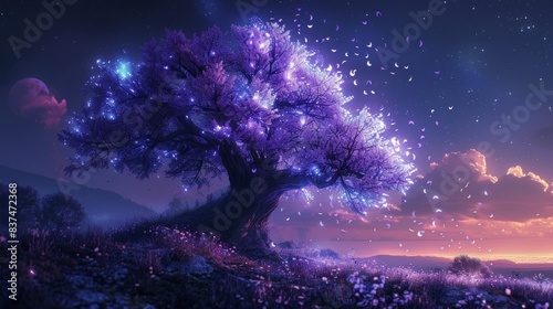 Enchanted purple tree with luminescent petals, illuminated by moonlight, petals drifting softly down a tranquil hill