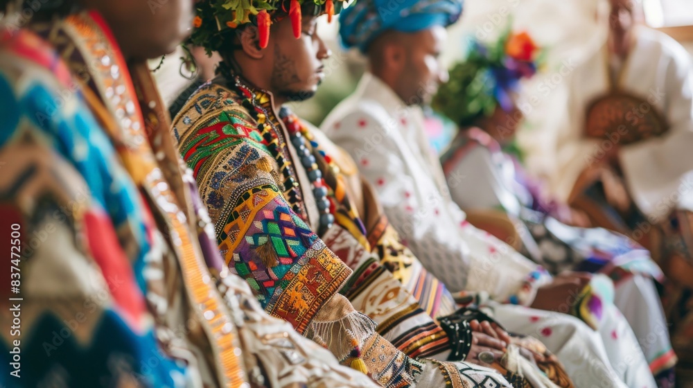 Fototapeta premium A traditional wedding ceremony showcasing the attire and rituals from two different cultures, symbolizing unity and cultural diversity.