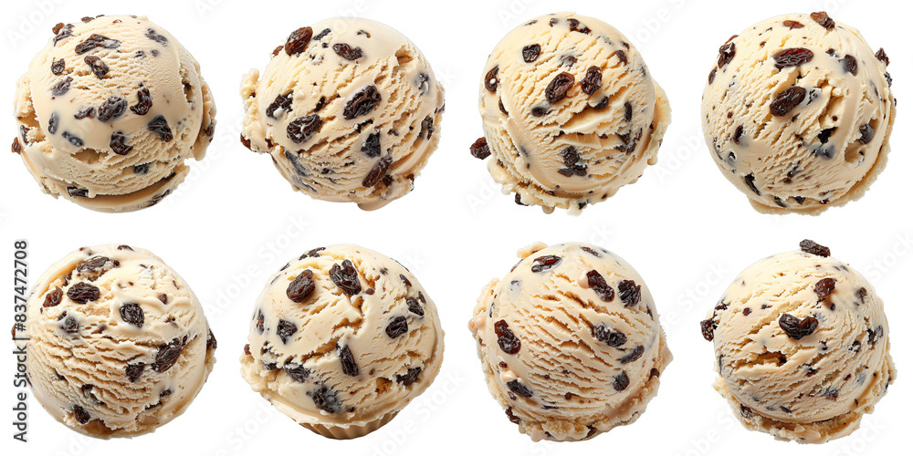 Set of Rum Raisin Ice Cream isolated on transparent png background. Generative ai Set of Rum Raisin Ice Cream isolated on transparent png background. Generative ai