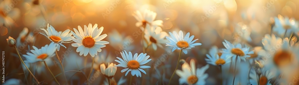 Sun-drenched field of daisies, blurred background, Sun-drenched field of daisies, blurred background,