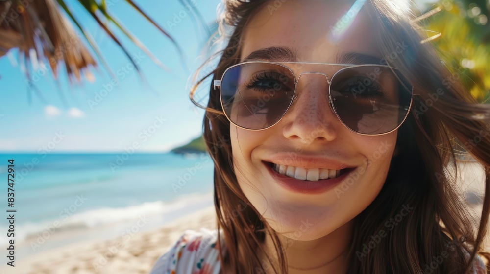 closeup shot of a good looking female tourist. Enjoy free time outdoors near the sea on the beach. Looking at the camera while relaxing on a clear day Poses for travel selfies smiling happy tropical closeup shot of a good looking female tourist. Enjoy free time outdoors near the sea on the beach. Looking at the camera while relaxing on a clear day Poses for travel selfies smiling happy tropical