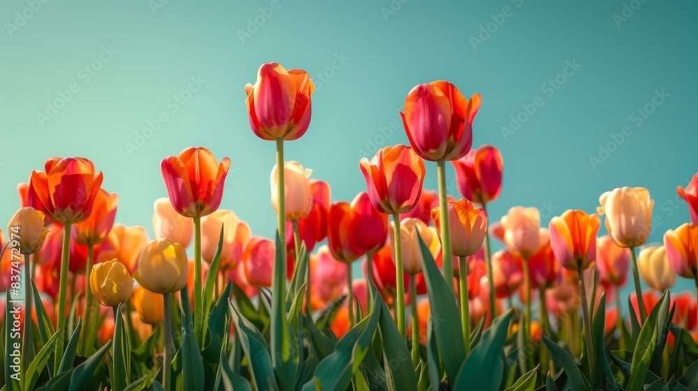 Obraz premium Field of tulips under clear sky, bright and vibrant, springtime beauty, copy space