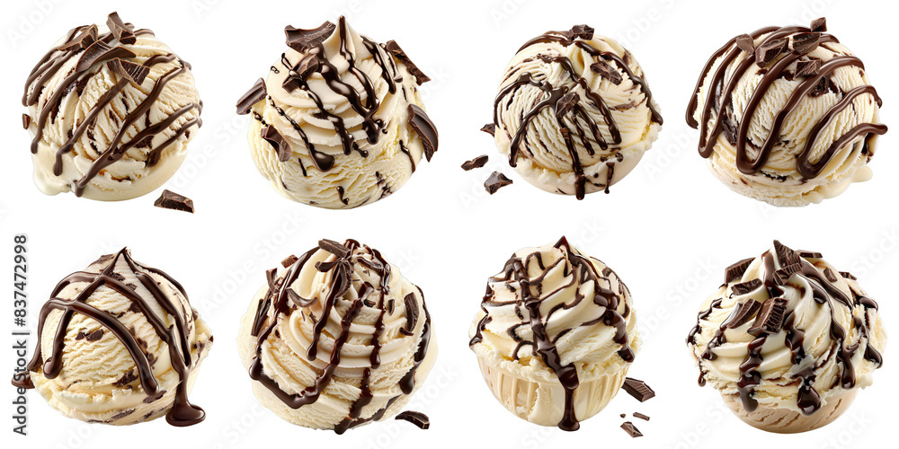 Set of Vanilla Bean And Chocolate Swirl Ice Cream isolated on transparent png background. Generative ai Set of Vanilla Bean And Chocolate Swirl Ice Cream isolated on transparent png background. Generative ai