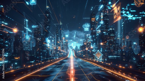 Futuristic cityscape adorned with alchemical symbols that seem to dance in the light, holographic advertisements and advanced technology © Alpha