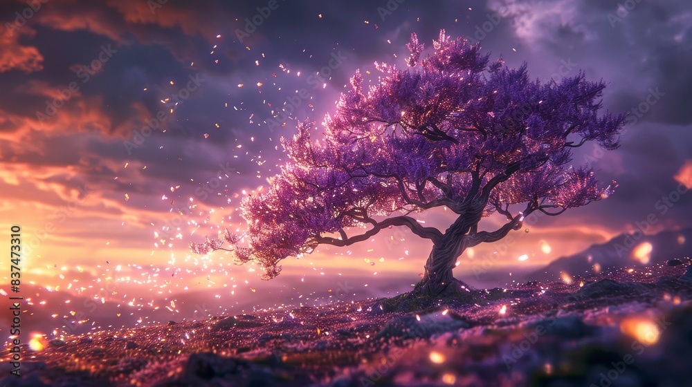 Ethereal purple tree with sparkling petals, set against a dusky sky, petals swirling around in an enchanting wind